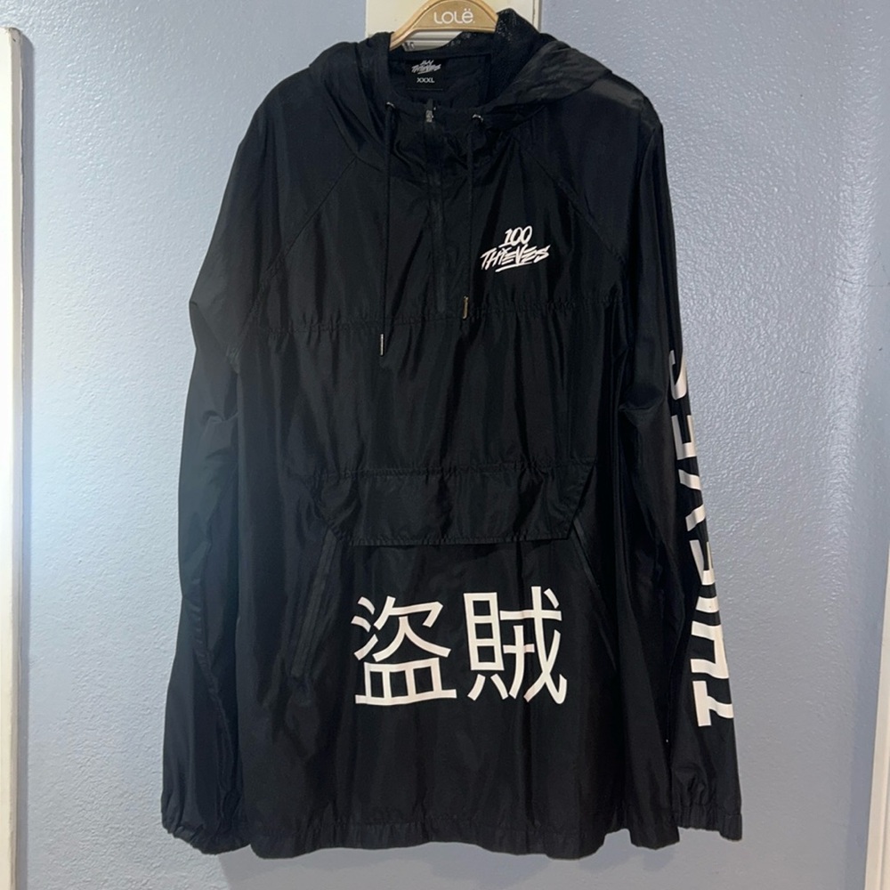 100 Thieves 1/4 Zip Hooded Pullover Windbreaker black American Flag Patch